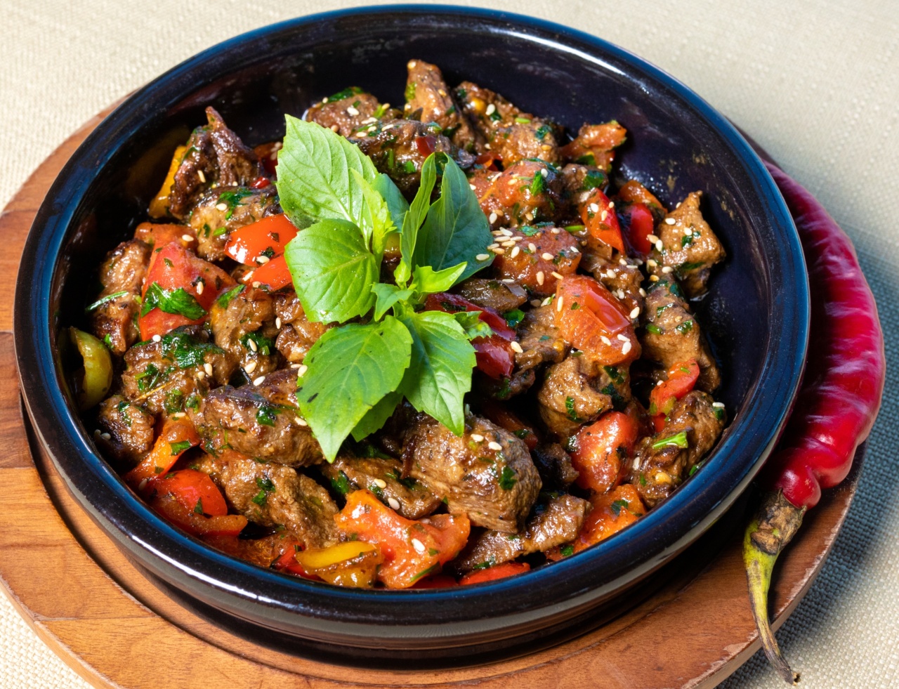 Grilled mushroom and greens salad with sesame seeds